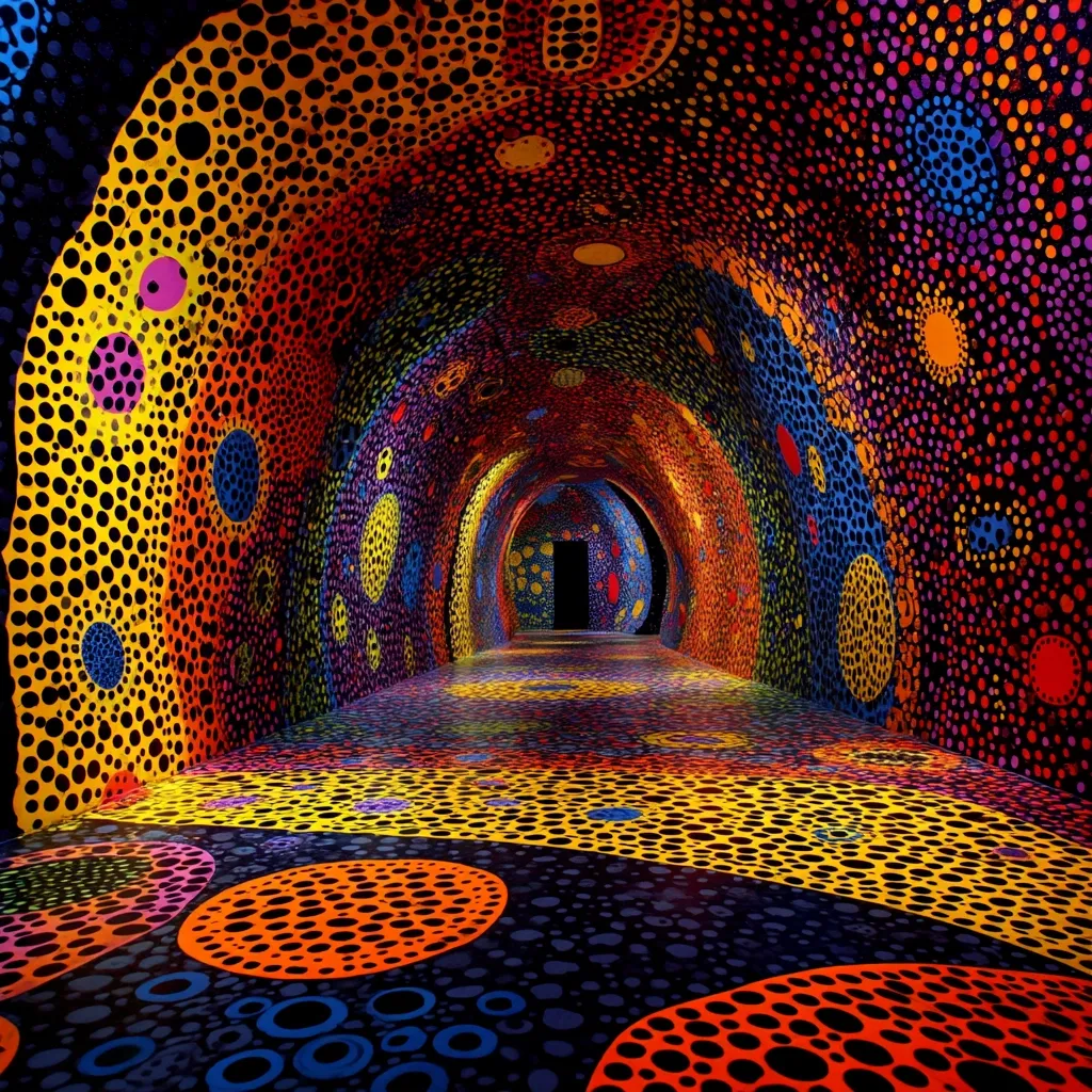 A vibrant, immersive tunnel explodes with color.  Walls and floor are covered in a dense pattern of multicolored polka dots, ranging in size and hue, creating a hypnotic effect.  The tunnel's perspective leads to a dark doorway at its far end, enhancing the sense of depth and wonder within this kaleidoscopic space.  The artwork is a playful and dazzling spectacle of dots.