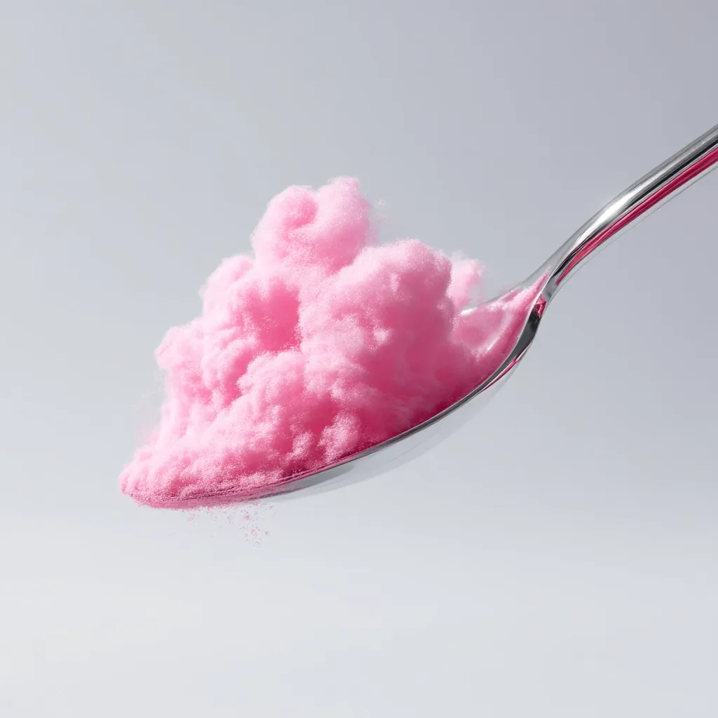 A metallic spoon holds a fluffy mound of light pink powder.  The powder resembles cotton candy in texture and appearance, creating a soft, cloud-like effect.  A few particles are seen drifting down from the spoon against a neutral gray background. The image is sharply focused on the powder and spoon.