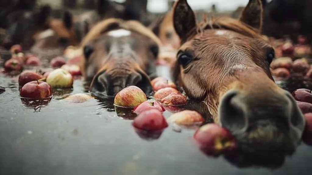 Three horses submerge their faces in a cool, dark water bath, surrounded by floating red apples.  The horses appear relaxed and content, enjoying a refreshing treat on a warm day.  The scene is peaceful and idyllic, showcasing a unique interaction between animals and nature.  The focus is on the horses' noses and the vibrant apples in the water.