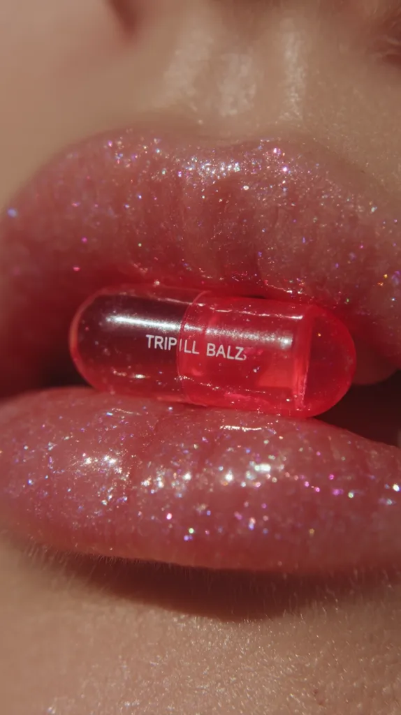 Close-up shot of a pair of glossy, pink lips adorned with iridescent glitter.  A translucent pink capsule, labeled "TRIPILL BALZ," is held gently between the lips. The image evokes a sense of playful, almost surreal beauty, with a focus on texture and vibrant color.