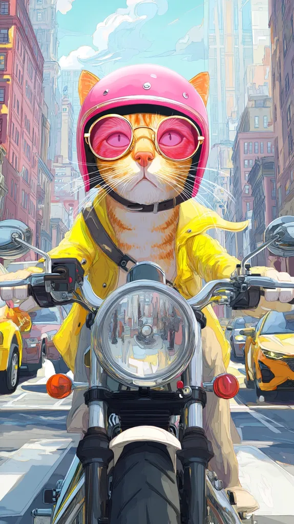 A ginger cat, wearing a pink helmet and sunglasses, confidently rides a motorcycle through a bustling city street.  The cat is dressed in a yellow jacket, adding to its stylish and adventurous appearance.  City buildings and other vehicles are visible in the background, creating a vibrant urban scene. The artwork is highly stylized, with bold colors and a playful tone.
