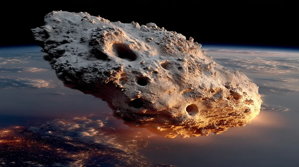 A large, irregularly shaped asteroid approaches Earth.  Its surface is rough and pitted, showing signs of significant weathering.  The asteroid is illuminated by the sun, casting shadows in its crevices. Below, the Earth's atmosphere and the lights of cities are visible. The scene evokes a sense of impending impact and potential danger.
