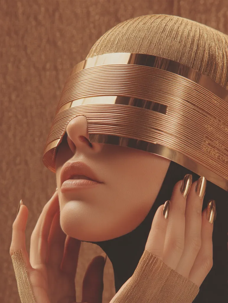 Close-up of a woman's face partially obscured by a gold, metallic visor.  She wears a gold knit turtleneck and matching gloves. Her nails are long and painted gold. The overall aesthetic is luxurious and futuristic, with warm, golden tones dominating the image. The woman's expression is serene and enigmatic.