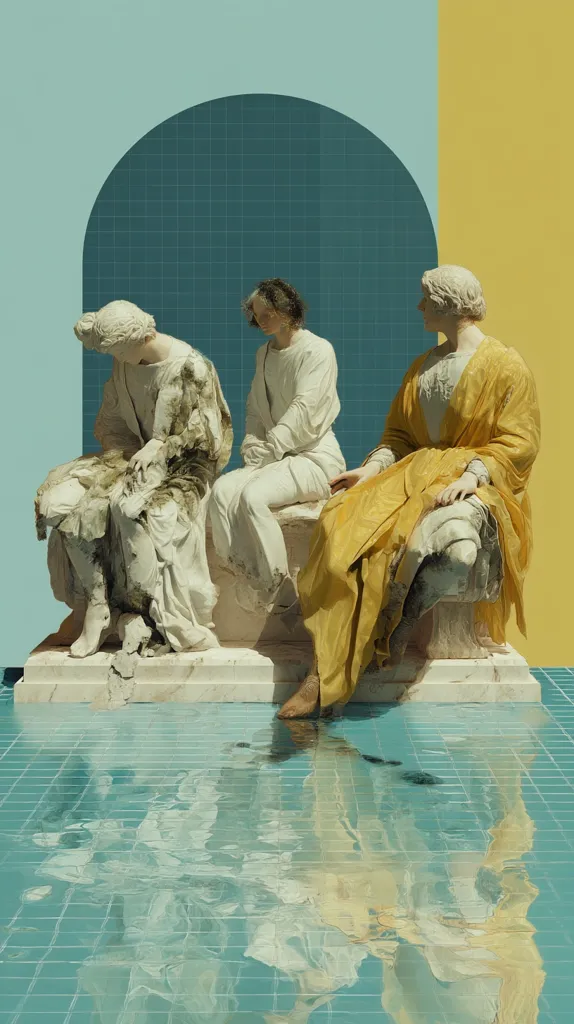 Three classical statues, seemingly weathered, sit on a marble bench.  Two are draped in flowing white robes, one appearing pensive, the other seated serenely. A third figure, in a vibrant yellow robe, rests a hand on the bench. The setting is surreal, with a teal tiled backdrop and a reflecting pool at their base, creating a tranquil, almost dreamlike atmosphere.