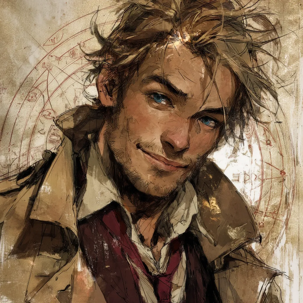 A stylized portrait of a young man with tousled blond hair and piercing blue eyes.  He sports a smirk, hinting at mischief or intrigue. His attire suggests a period setting, perhaps a detective or adventurer, with a tan trench coat and a dark vest over a light shirt. The background features a faded, circular design, adding to the mysterious ambiance. The painting style is expressive, employing loose brushstrokes and a muted color palette.