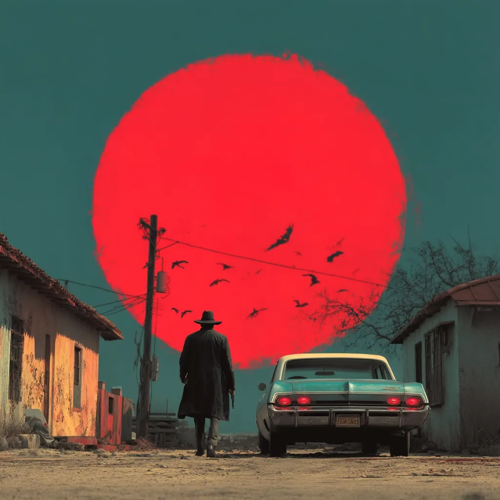 A lone figure in a long black coat and hat walks down a dusty road, a vintage teal car parked behind him.  A massive, blood-red sun dominates the sky, casting an ominous glow on the dilapidated buildings lining the street.  A flock of dark birds flies across the sun, adding to the unsettling atmosphere of the scene. The overall aesthetic is stark and surreal.