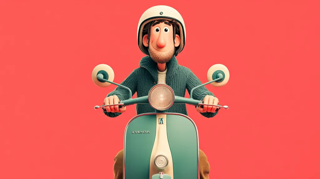 A cheerful, cartoon-style man with a handlebar mustache, wearing a helmet and teal sweater, sits on a vintage teal Vespa scooter against a vibrant coral background.  His expression is pleasant, and the image is rendered in a 3D, slightly exaggerated style. The scooter's details are crisp and the overall mood is lighthearted and fun.