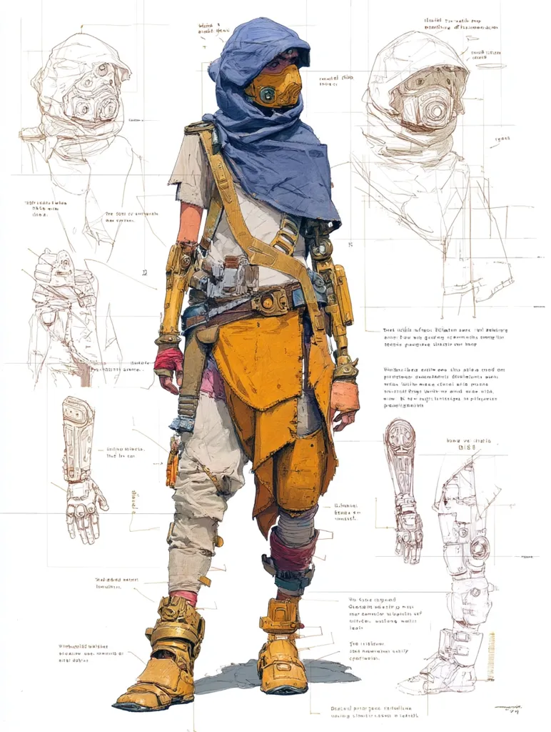A detailed concept art piece showcases a futuristic character, possibly female, clad in layered, tattered clothing in muted yellows and oranges.  A blue hood and respirator mask protect the face.  The character sports advanced, seemingly prosthetic, arm and leg pieces, highlighted with accompanying detailed sketches illustrating the mechanical components.  The style suggests a post-apocalyptic or cyberpunk setting.  Annotations on the page provide design notes and technical specifications.