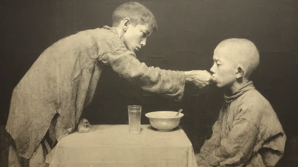 A monochromatic artwork depicts two young boys seated at a table. One boy, slightly older, leans over to feed the other from a bowl.  The scene is somber, with a focus on the intimate act of feeding and the texture of the boys' clothing.  The setting appears simple and possibly impoverished, conveying a sense of quiet care.  A glass of water sits on the table beside the bowl.