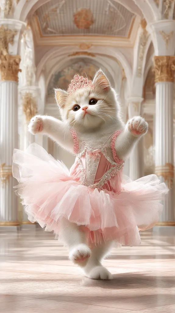 A fluffy cream kitten, adorned in a delicate pink tutu and a tiny tiara, gracefully dances in a grand, ornate hall.  The kitten's pose and the elegant setting create a whimsical, charming image, evoking a sense of fairytale grace and elegance. The soft lighting enhances the overall dreamy atmosphere.