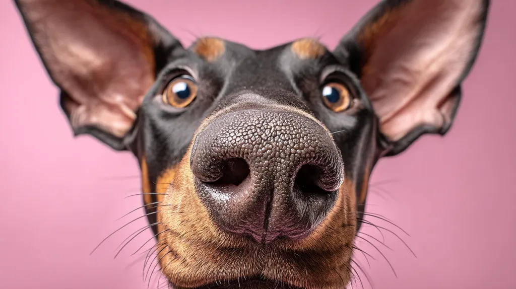 Close-up view of a Doberman Pinscher's face.  The dog's large ears are pointed outwards, and its nose is prominently featured in the foreground.  The dog's eyes are wide and alert.  The background is a solid, pale pink. The overall image is playful and emphasizes the dog's expressive features.
