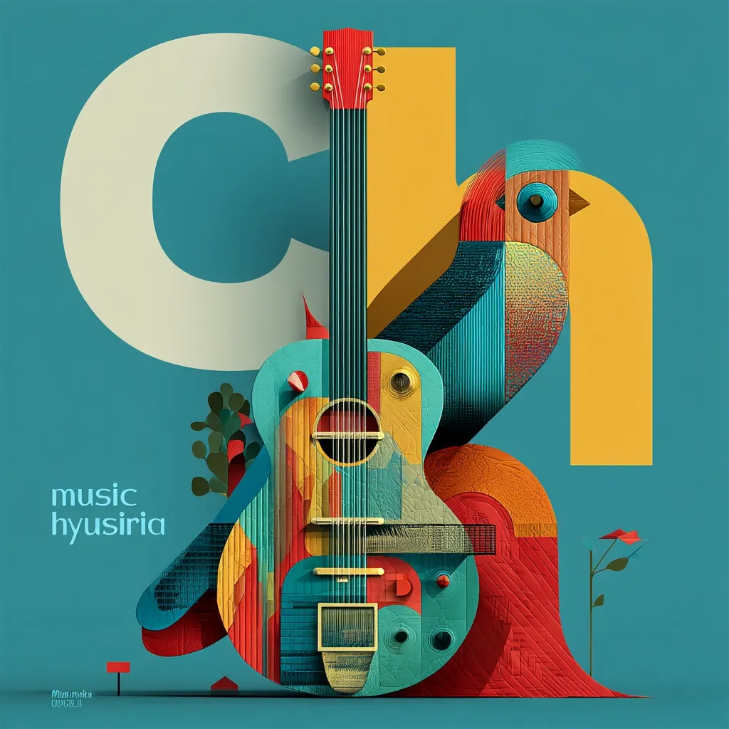 A vibrant, stylized illustration features a guitar forming the central element of a design incorporating the letters "CH".  The guitar is composed of colorful, geometric shapes, resembling a cubist artwork. A bird-like figure is integrated into the "H", adding a whimsical touch. The words "music hyusiria" are subtly placed, enhancing the musical theme.  The overall style is bold and playful, with a strong emphasis on color and form.