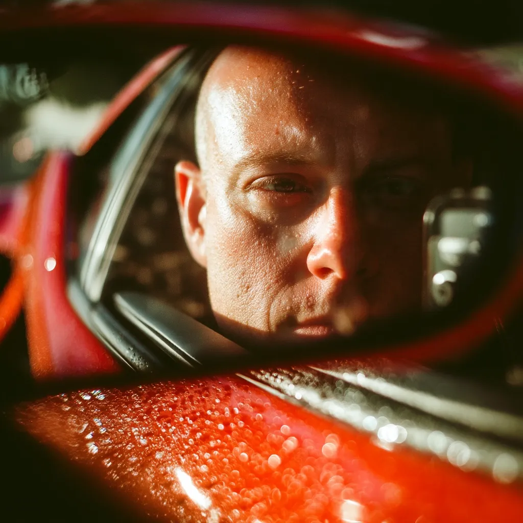 A close-up view of a bald man's reflection in a red car's side mirror.  The man's face is partially visible, his expression serious. The mirror's surface is slightly wet, showing droplets of water. Sunlight illuminates his face, creating a contrast with the darker interior of the car.  The focus is on the reflection and the texture of the wet car's surface.