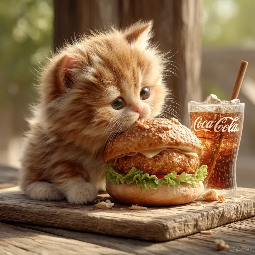 An adorable fluffy ginger kitten is intently nibbling on a juicy hamburger.  Beside it sits a glass of Coca-Cola, with ice and a straw. The scene is set on a rustic wooden surface, bathed in warm sunlight. The kitten's focused expression and the appetizing food create a charming and humorous image.