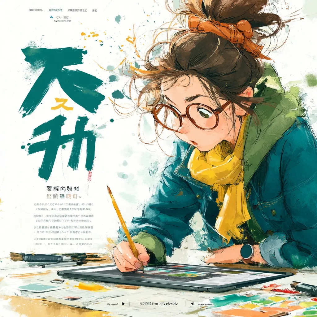 A stylized illustration depicts a young woman with brown hair tied up, wearing round glasses and a teal jacket over a yellow scarf.  She's intently sketching on a digital tablet using a stylus, surrounded by art supplies. The image features a vibrant color palette and a painterly style, with splashes of color suggesting movement and energy.  Chinese characters are prominently displayed, possibly a title or artist's name.  The overall feel is youthful, creative, and expressive.