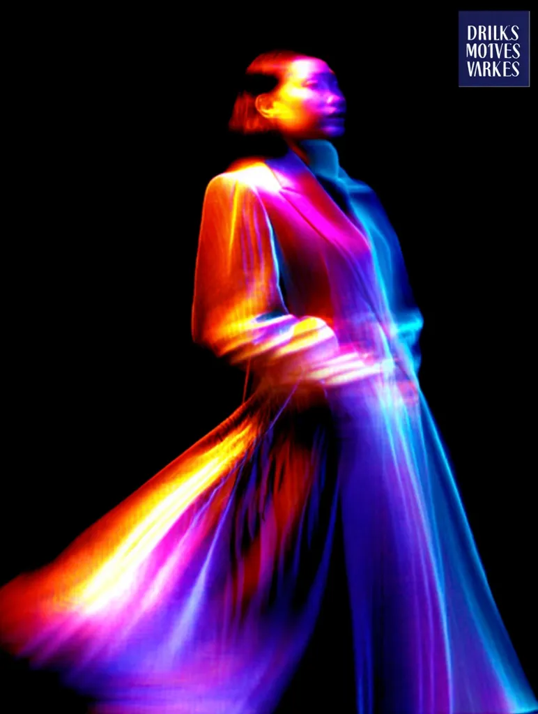 A vibrant, abstract image showcases a figure, seemingly female, draped in a flowing garment.  The clothing is a kaleidoscope of iridescent colors, primarily blues, purples, oranges, and reds, creating a motion blur effect. The figure's pose and the dynamic colors suggest movement and energy, set against a stark black background.  The overall impression is one of ethereal beauty and dynamism.