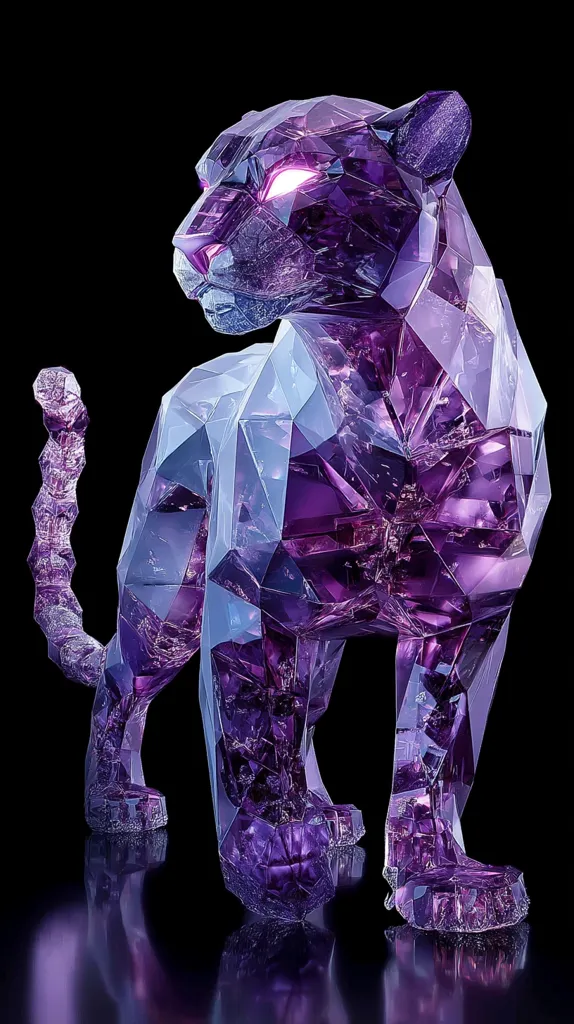 A stunning digital rendering showcases a panther sculpted from amethyst.  The figure is rendered in a faceted, crystalline style, with light seemingly emanating from within its eyes.  The deep purple hues of the amethyst are richly saturated, and the panther's form is captured with sharp detail and a sense of dynamic movement. The image is set against a stark black background, emphasizing the gem's brilliance.