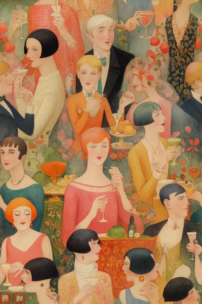 A vibrant painting depicts a lively cocktail party scene.  Flapper women in bobbed hairstyles and elegant dresses mingle with men in suits, holding cocktails and engaging in conversation.  The setting is rich with color and texture, showcasing a profusion of floral patterns and Art Deco-inspired aesthetics.  The atmosphere is one of sophisticated revelry and 1920s glamour.
