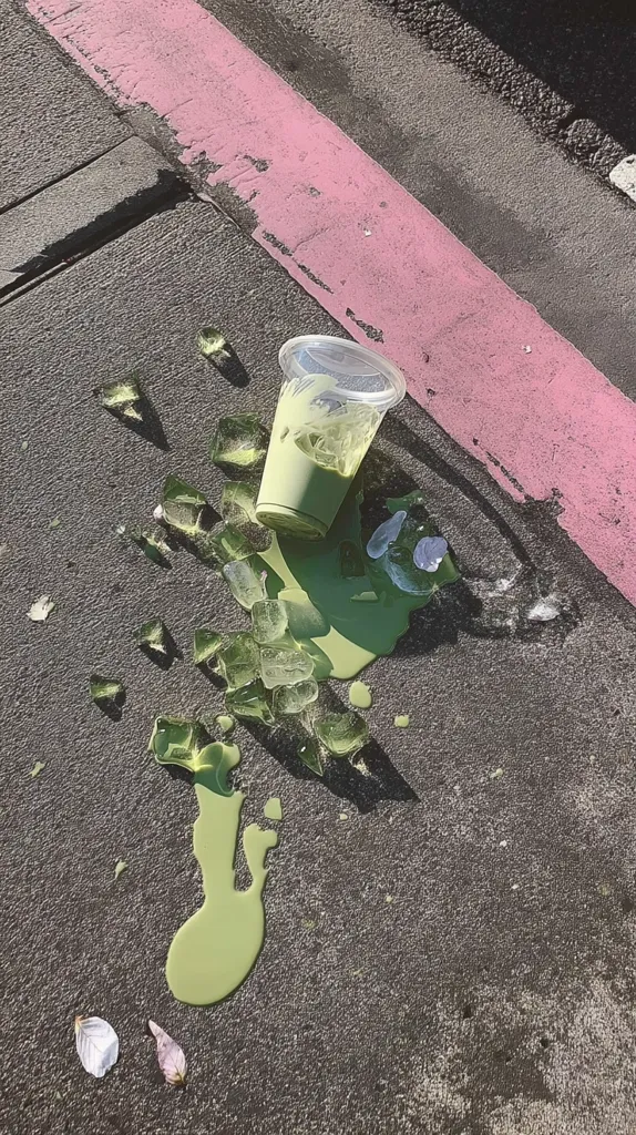 A spilled matcha iced drink lies on a pavement next to a pink painted line.  A plastic cup lies on its side, surrounded by scattered ice cubes and a large pool of spilled green liquid.  Two small pink petals rest near the spill on the dark gray asphalt. The scene is bathed in sunlight, casting shadows.