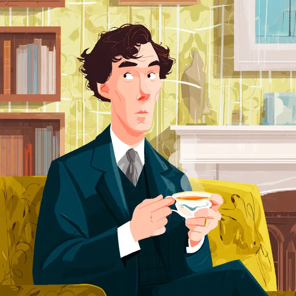 A stylized illustration depicts Benedict Cumberbatch as Sherlock Holmes, seated on a mustard-yellow armchair in a vintage-styled room.  He holds a teacup, steam rising gently.  Bookshelves filled with volumes line the walls, adding to the atmosphere of intellectual contemplation.  The artwork uses bold colors and simplified forms for a distinctive aesthetic.