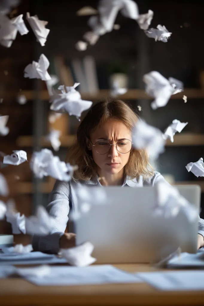 A frustrated woman sits at a desk, surrounded by crumpled paper.  She wears glasses and a light-colored shirt, her brow furrowed in concentration.  She stares intently at a laptop, seemingly overwhelmed by a task.  The image conveys a sense of stress and the pressure of a demanding workload.  The scattered paper emphasizes the feeling of chaos and failure.