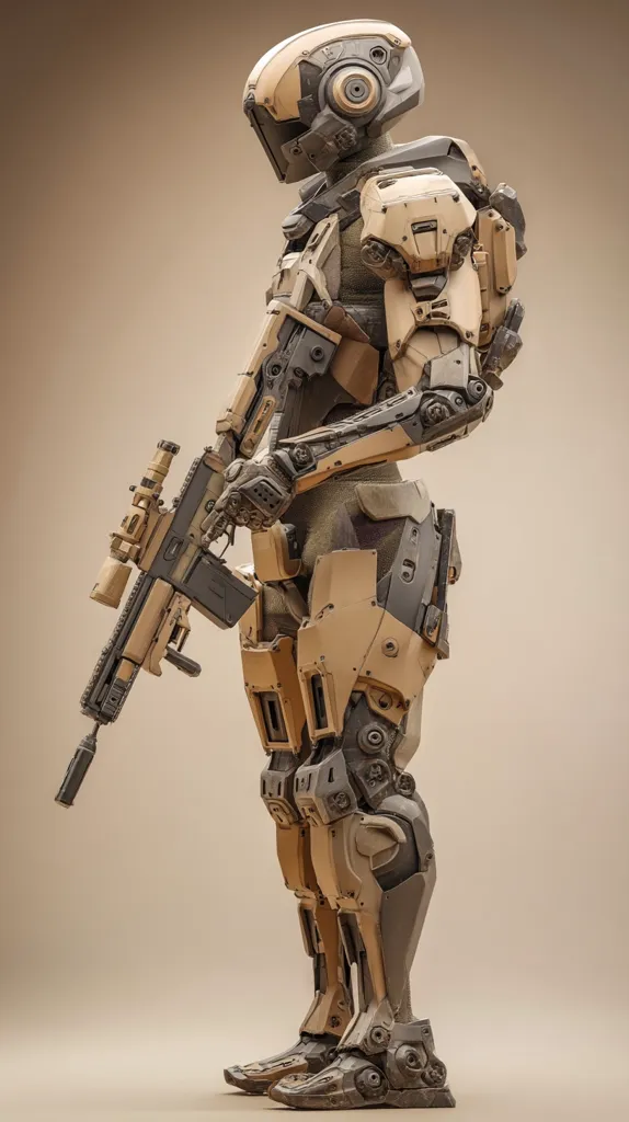 A highly detailed 3D rendering showcases a futuristic soldier robot.  Clad in beige and dark gray battle armor, it stands in profile, holding a sophisticated rifle. The robot's design is intricate, highlighting mechanical joints and textured surfaces.  The helmet is closed, and the overall aesthetic suggests a blend of advanced technology and military preparedness. The neutral background emphasizes the robot's form and features.