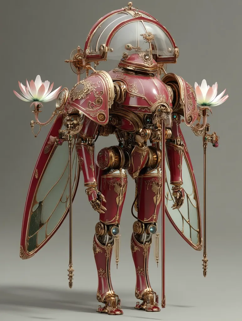 A meticulously crafted automaton stands majestically.  Its crimson body, adorned with ornate gold detailing, resembles a fusion of Art Nouveau and steampunk aesthetics.  Large, elegant wings extend from its sides, and delicate lotus flower accents grace its arms.  A glass dome tops its head, enhancing its intricate mechanical design.  The robot's pose suggests a poised elegance, a captivating blend of technology and artistry.