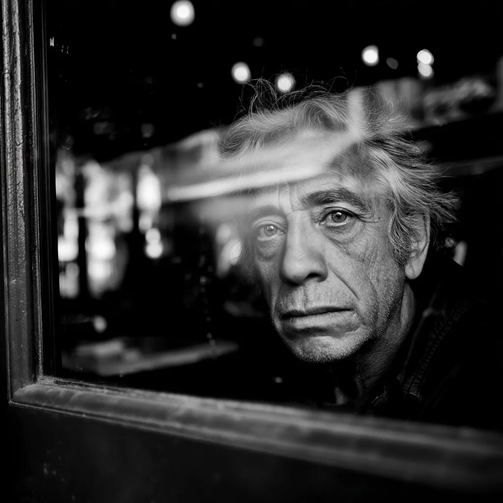 A black and white close-up portrait of an older man with graying hair. He is seen through a window, his face partially obscured by reflections. His expression is serious and contemplative, his gaze directed at the viewer.  The background is blurry, suggesting an indoor setting. The image evokes a sense of introspection and melancholy.