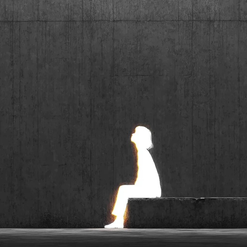 A glowing, translucent figure of a person sits on a low concrete wall against a dark, textured background.  The figure is outlined in warm light, suggesting hope or inner strength. The contrast between the bright figure and the somber setting creates a poignant image of resilience or contemplation. The overall mood is one of quiet solitude and inner light.