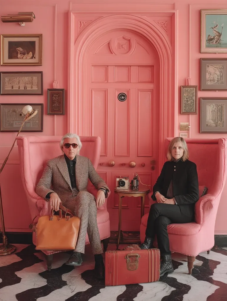 Two stylishly dressed individuals sit in pink armchairs against a vibrant pink wall featuring an arched pink door.  The room is adorned with framed artwork and a vintage aesthetic.  The man in a checkered suit holds a leather briefcase, while the woman in black attire sits beside him.  A retro suitcase rests on the floor. The overall scene is one of vintage glamour and bold color.