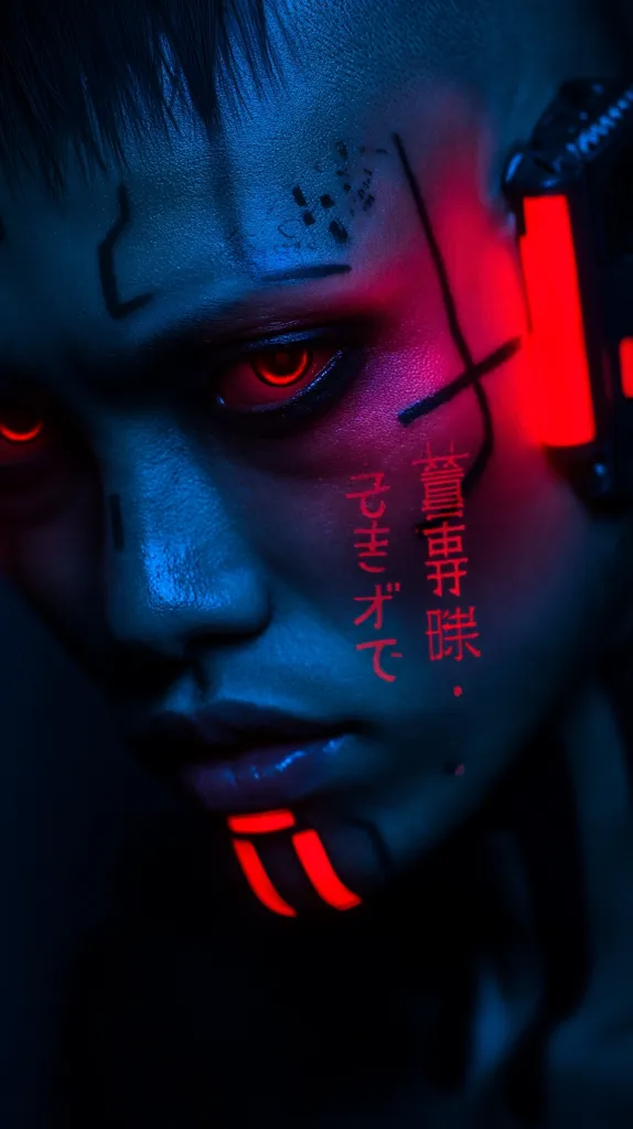 A close-up portrait of a person with cybernetic enhancements.  Their face is illuminated in contrasting blue and red neon light, highlighting intricate markings and glowing red eyes.  Japanese characters are visible on their face. The overall aesthetic is futuristic and cyberpunk, emphasizing a blend of human and machine.  The expression is intense and somewhat defiant.
