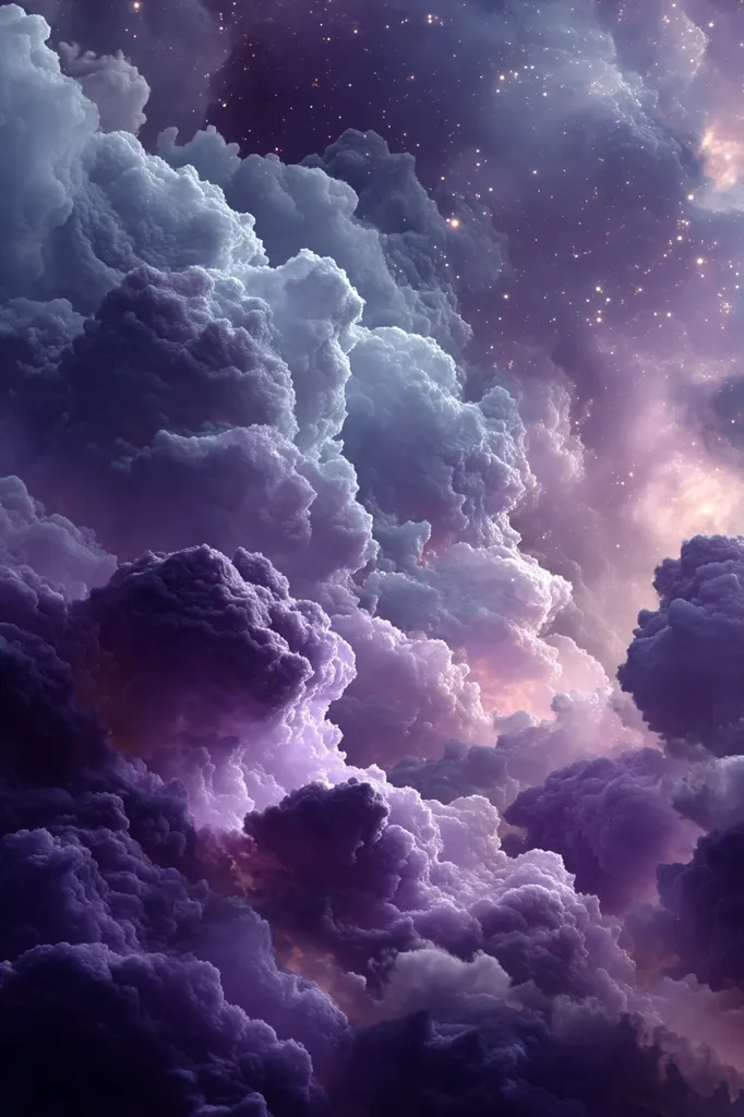 A breathtaking digital artwork depicts a vast expanse of purple and lavender clouds, illuminated by a starry night sky.  The clouds are voluminous and textured, creating a dramatic and ethereal scene.  Shades of deep purple and lighter lavender blend seamlessly, giving the impression of depth and movement.  The stars twinkle faintly through the cloud layers, adding to the magical and otherworldly atmosphere.