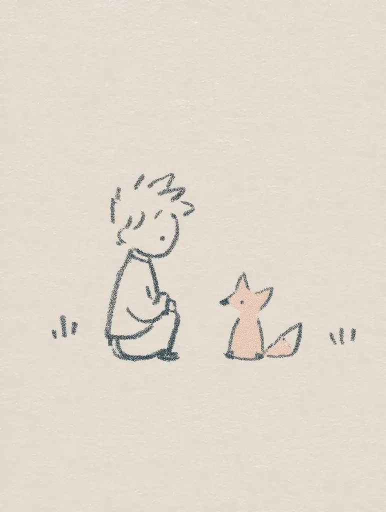 A simple line drawing depicts a boy sitting and looking at a small fox.  Both figures are childlike in their simplistic style.  The boy is drawn in dark gray, the fox in a pale peach color.  Sparse, simple grass tufts flank each figure on a light beige background. The overall impression is one of quiet contemplation and connection between the boy and the animal.