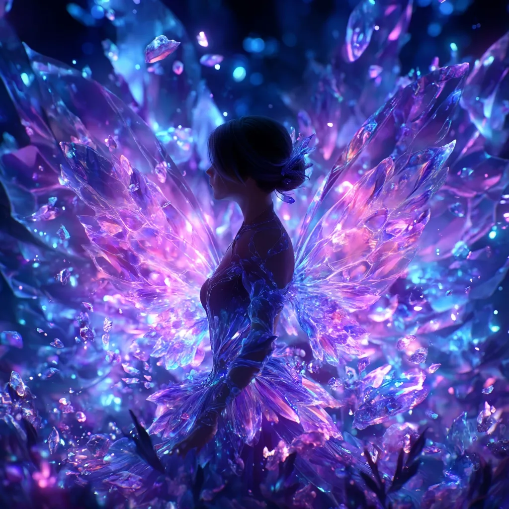 A digital painting depicts a woman with large, iridescent, crystal wings.  Her dress seems to be made of the same shimmering material as her wings, glowing with shades of purple and blue.  She is silhouetted against a backdrop of falling crystal shards, creating a mystical and ethereal atmosphere.  The overall effect is magical and dreamlike.