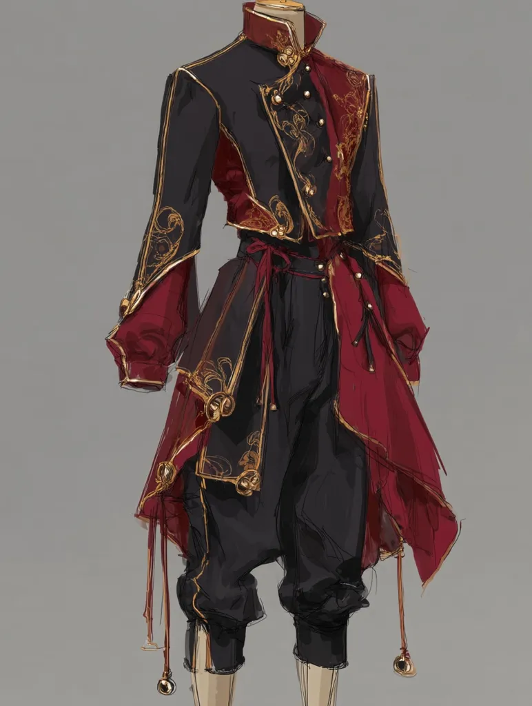The image shows a fashion design sketch of an elaborate outfit.  The ensemble features a dark, high-collared jacket with maroon accents and gold embroidery.  Loose, dark trousers are paired with the jacket.  The jacket is detailed with gold embellishments and tassels. The overall style blends fantasy elements with a touch of historical influence. The design is rich in texture and color contrast.