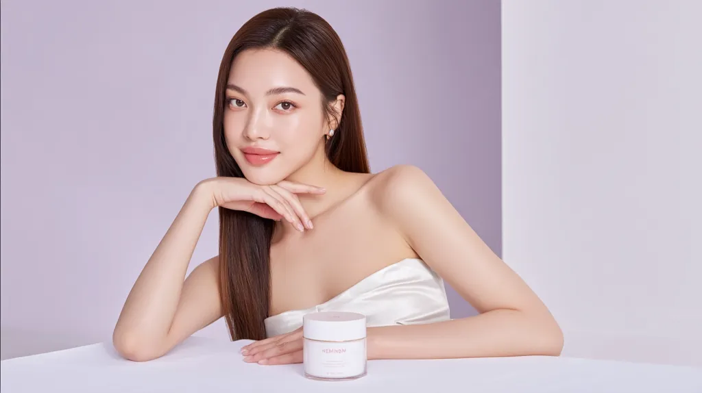 A young woman with long brown hair sits at a table, her hands gently resting on her chin.  She's wearing a strapless white top and has flawless makeup.  A jar of FEMINISM cream sits before her, suggesting a skincare or beauty product advertisement. The background is a soft lilac and white, creating a clean and elegant aesthetic.  Her expression is serene and confident.