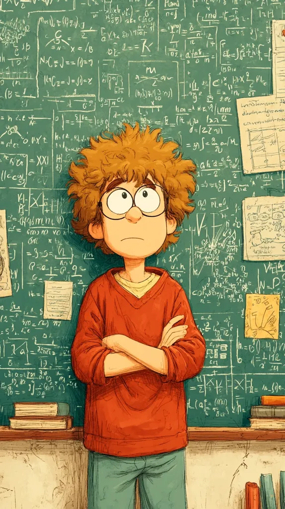 A boy with curly hair and glasses stands arms crossed before a chalkboard covered in complex mathematical equations and scientific formulas.  He looks pensive, possibly contemplating the intricate calculations.  The scene is illustrated in a warm, detailed style, suggesting a studious or intellectual setting.  Books are stacked nearby, adding to the academic atmosphere.