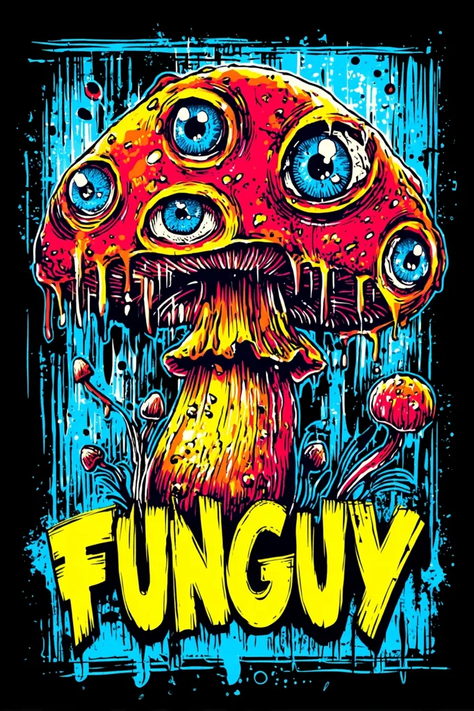 A vibrant, psychedelic illustration showcases a large mushroom adorned with multiple eyes.  The mushroom is depicted in bright reds, oranges, and yellows, with dripping edges, giving it a surreal, almost monstrous appearance.  Smaller mushrooms surround the base.  The word "FUNGUY" is prominently displayed in bold yellow lettering below, adding to the graphic's bold and eye-catching design. The backdrop features a dark, textured background with splashes of blue and black.