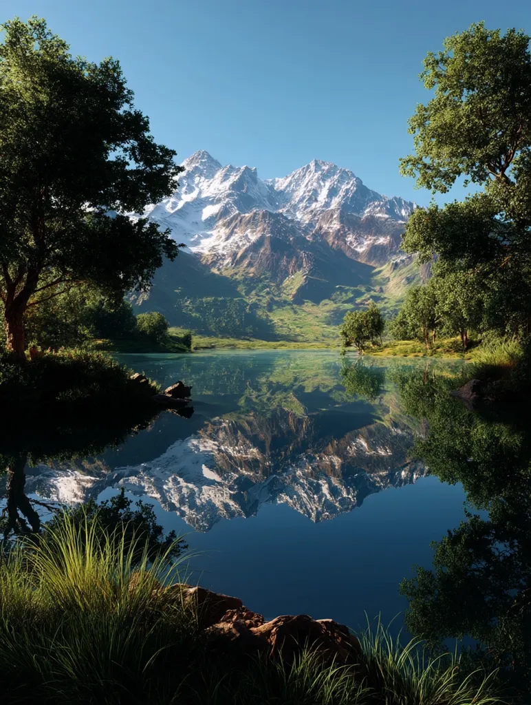 A serene mountain lake reflects a snow-capped mountain range under a clear blue sky. Lush green trees frame the tranquil scene, their reflections mirrored in the still water.  The image evokes a sense of peace and natural beauty, highlighting the stunning contrast between the vibrant greenery and the majestic, snow-covered peaks.  The calm water perfectly mirrors the mountain's grandeur.