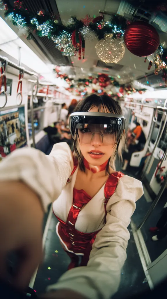 A young woman, wearing a red and white Christmas-themed outfit and futuristic glasses, takes a selfie on a festively decorated subway car.  Christmas ornaments hang from the ceiling.  Other passengers are blurred in the background. The image has a fisheye lens effect, distorting the perspective.
