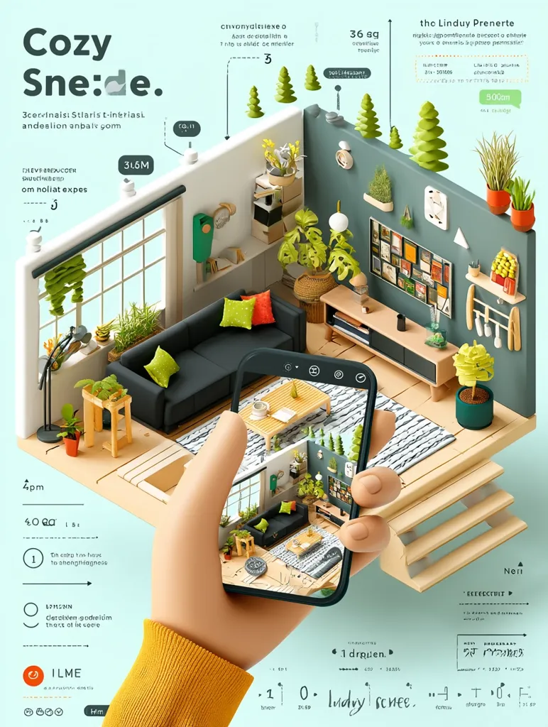 A cozy isometric illustration of a living room, viewed through a smartphone screen held in a hand.  The room features plants, a sofa, and modern furniture.  Accompanying text and graphics provide details about the design, dimensions, and materials, showcasing a "cozy scene" concept. The overall style is minimalist and modern.