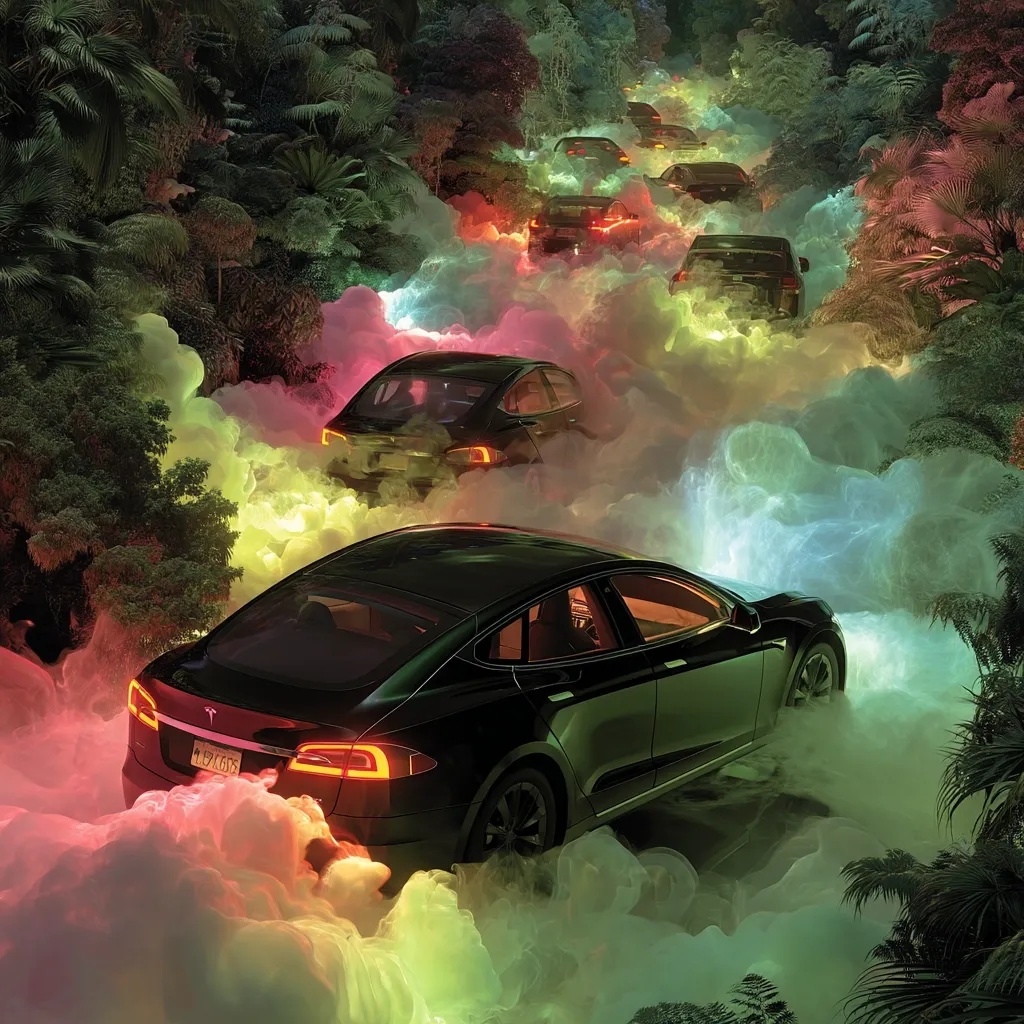 A line of black Tesla cars drives through a lush, tropical forest enveloped in vibrant, multicolored smoke.  The smoke billows around the vehicles, creating a surreal and dreamlike atmosphere. The scene is lit dramatically, highlighting the cars and the colorful vapor.  The overall effect is both mystical and futuristic.