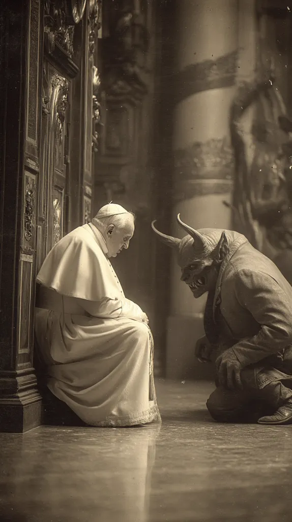 A sepia-toned photograph depicts a poignant scene.  A Pope, cloaked in white robes, sits humbly before a kneeling demonic figure with horns.  The setting appears to be a grand, ornate church. The contrast between the holy figure and the devil creates a powerful visual representation of faith and temptation.  The polished floor reflects the figures, enhancing the dramatic atmosphere.