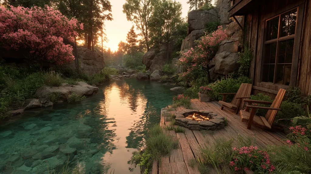 A serene sunset scene unfolds beside a tranquil stream, nestled within a lush, rocky landscape.  Two wooden Adirondack chairs sit on a weathered deck overlooking a small fire pit.  Pink flowering trees and vibrant greenery surround a rustic cabin, creating a peaceful and idyllic retreat.  The clear, calm water reflects the warm glow of the setting sun.