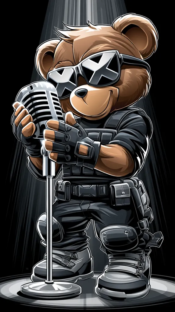 A cool illustration of a teddy bear, dressed in tactical gear and snowboard boots, singing into a vintage microphone under a spotlight.  The bear wears X-shaped sunglasses, adding to its edgy and stylish look. The grayscale palette emphasizes the details of the bear's attire and the microphone. The overall style is a blend of cartoon and tactical aesthetics.