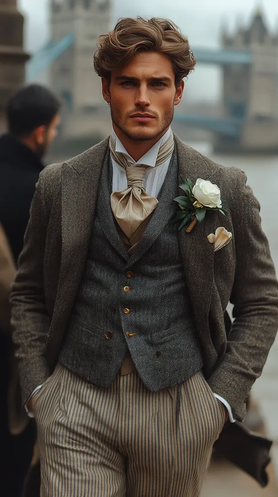 A man with wavy brown hair models a vintage-inspired three-piece suit.  The suit features a dark tweed jacket, a matching waistcoat, and striped trousers in beige and brown.  He wears a cream-colored cravat and a boutonniere with a white flower. The backdrop is a blurred cityscape with a bridge in the distance, suggesting a London setting. His style evokes a sophisticated, retro aesthetic.