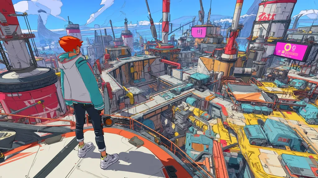 A stylized illustration depicts a young person with orange hair standing on a platform overlooking a sprawling, futuristic cityscape. The city is a vibrant mix of industrial structures, colorful buildings, and complex machinery, set against a backdrop of a clear sky and distant mountains. The overall style is reminiscent of concept art for a video game, with a dynamic and slightly rough aesthetic. The scene is full of energy and detail, suggesting a bustling and technologically advanced environment.