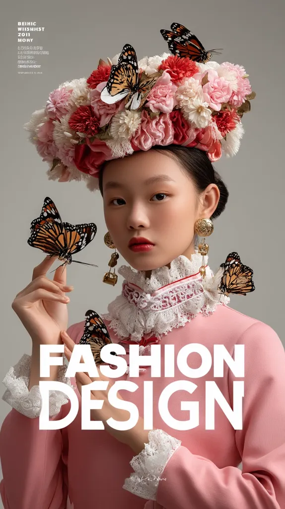 A young woman models a pink outfit with a delicate white lace collar.  She wears a vibrant crown of pink and white flowers adorned with butterflies.  More butterflies flutter near her hands.  The image is styled for a fashion design magazine, with the title "FASHION DESIGN" prominently displayed. The overall aesthetic is elegant and whimsical.