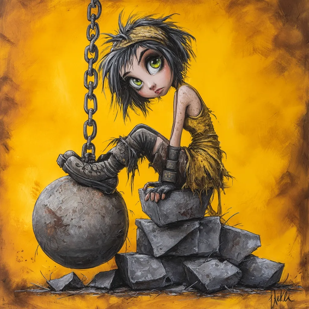 A stylized illustration depicts a young girl with large eyes and dark, spiky hair, seated on a pile of rocks.  She wears tattered yellow clothing and heavy boots. A large wrecking ball hangs from a chain beside her, suggesting a juxtaposition of vulnerability and impending force against a vibrant yellow background. The painting's texture is rough, adding to its gritty aesthetic.