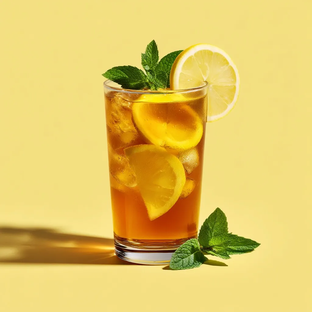 A tall glass of iced tea is presented against a yellow backdrop.  The amber tea is filled with ice cubes and lemon slices. Fresh mint sprigs garnish the drink and are scattered at the base of the glass, casting a shadow. The vibrant colors and refreshing composition suggest a summery beverage.
